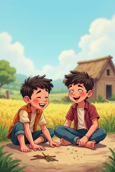 "Two ren, Ali and Hassan, sit near fields in a village. Both are laughing and playing with a stick on the ground. The raw house and greenery are visible in the background. The sky is blue and the weather is pleasant, happiness and innocence are visible on ...