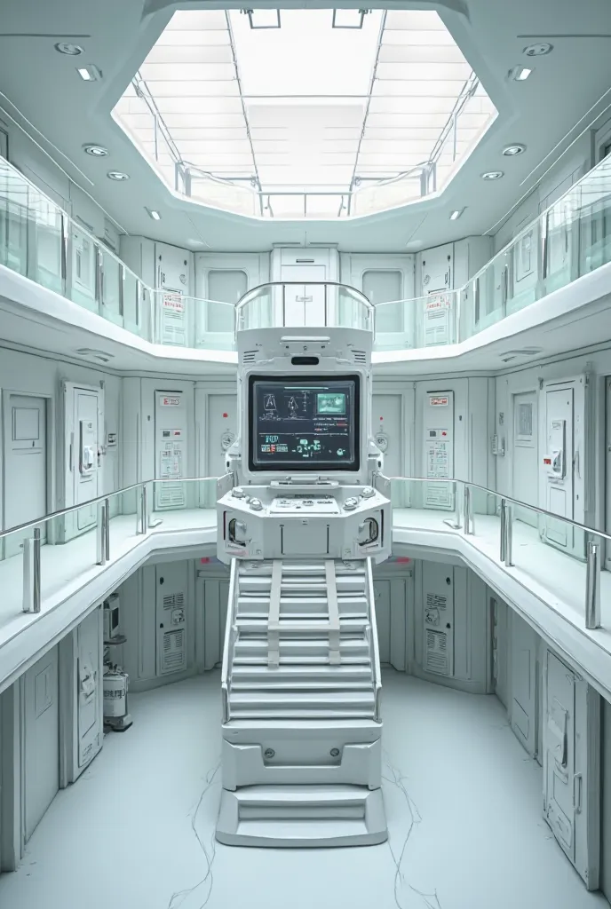 The image shows a futuristic laboratory with an octagonal design, with an elevated central structure accessed by two stairs. This structure appears to be a workstation or control module, equipped with various displays and control panels. Around the central...