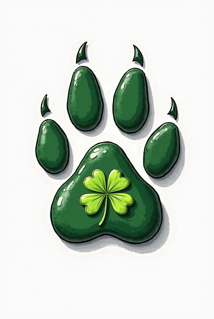 "Create A art illustration paw print with shamrock print, the paw is outlined in black on a white background. highly detailed,"