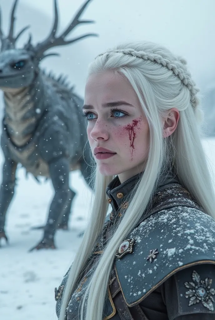 Realistic image of a woman in the Ice Mountains, she has long straight platinum hair, white. Pale skin but cheeks rosy from the cold, wears armor attached to her body and has dark blue eyes. Bloodstains on her face while looking at the horizon, a dragon be...