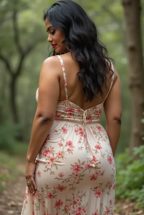 Full body image, back view Full body image, indian hourglass body, Indian 45 year old fair skin aunty, wearing thin strap floral dress, standing and bending down, back view, thighs visible, low camera angle