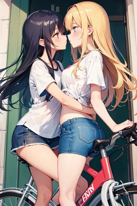 Two girls kiss while riding bicycles, denim miniskirt, white panties,