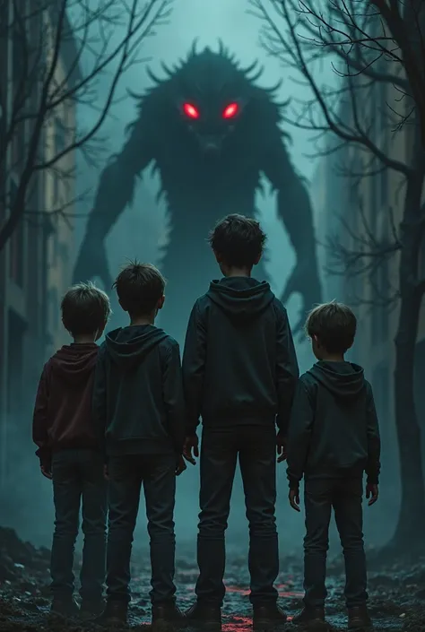 A group of 4 boys of around 20 years standing together looking terrifyied and a old detective is also standing with them. A monster is in the background with red glowing eyes. A girl in the background get controlled by the monster 