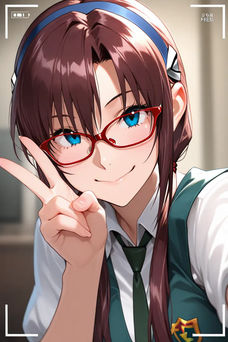  masterpiece, Highest quality, exhaustive, 8k, 4K, High Resolution, (viewfinder:1.4),  ( Makinami Mari Illustrious from Evangelion), Glasses, uniform, face up, smile、 fellatio on the hair、 Viewfinder Aim、 peace sign with your right hand、