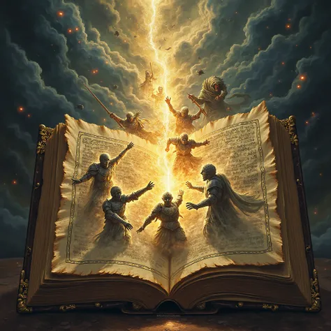 An old open book with illustrations of a great battle between light and dark,  illuminated by a divine radiance .