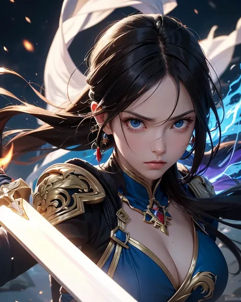 Falling snow, a female swordswoman, a neon blue flame patterned long and wide sword wielding a high-resolution, simple background, a strong and resolute male warrior with sharp eyes, shining with intense light, reflecting the bright colors of the distant b...