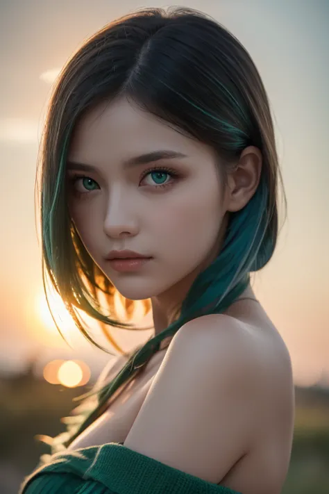  best quality , Masterpiece,  super high resolution, ( realism: 1.4),   Original Pictures ,  1 girl,  green eyes,  off shoulder,  Cinematic Lighting,   blue hair , At sunset