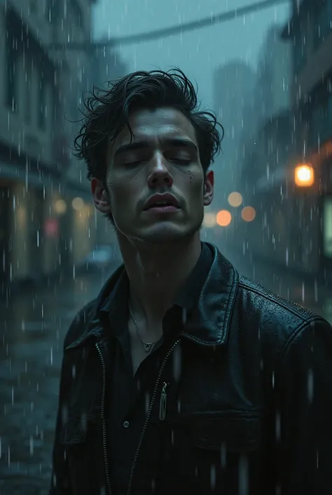 side image of a man looking up with his eyes closed in the middle of the night while it's raining, The boy has fangs
