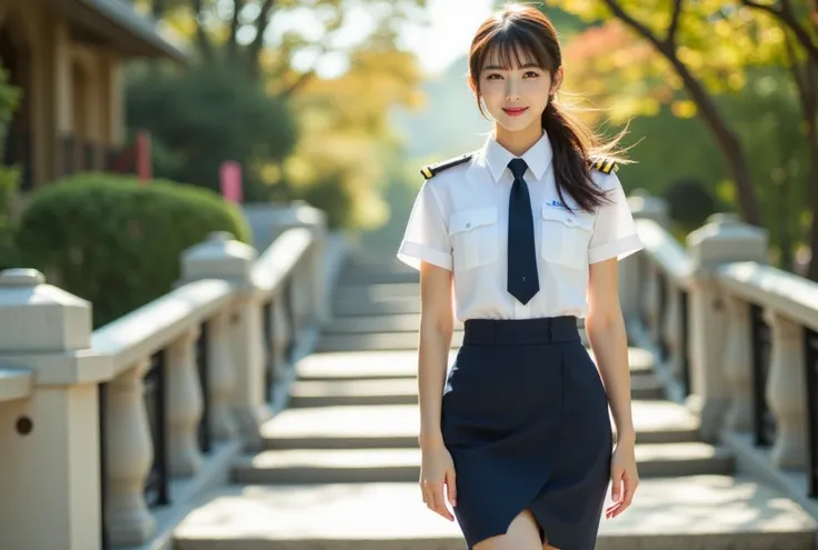 Sexy beautiful Japanese woman, a self defense officer uniform, wearing a white short-sleeved shirts, navy blue tie, navy blue pencil skirt, Black patent high heels, beautiful hip-line, Beautiful thighs, brown hair, bangs, floating hair, low ponytail, Slant...