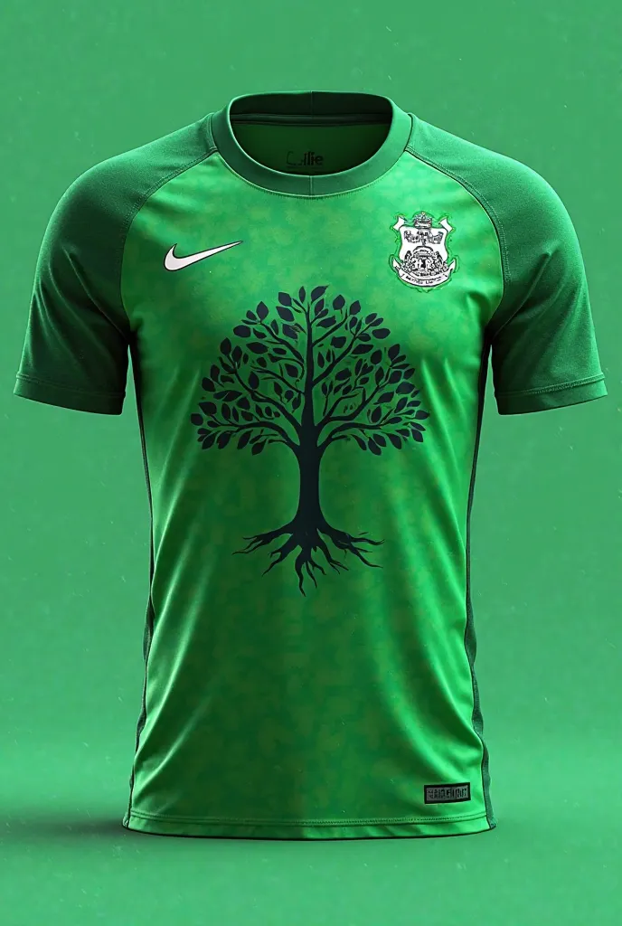 
"Green team jersey, front version, with the Nike symbol on the right side, the team's coat of arms on the left side, representing strength and claw, and in the center a cashew tree