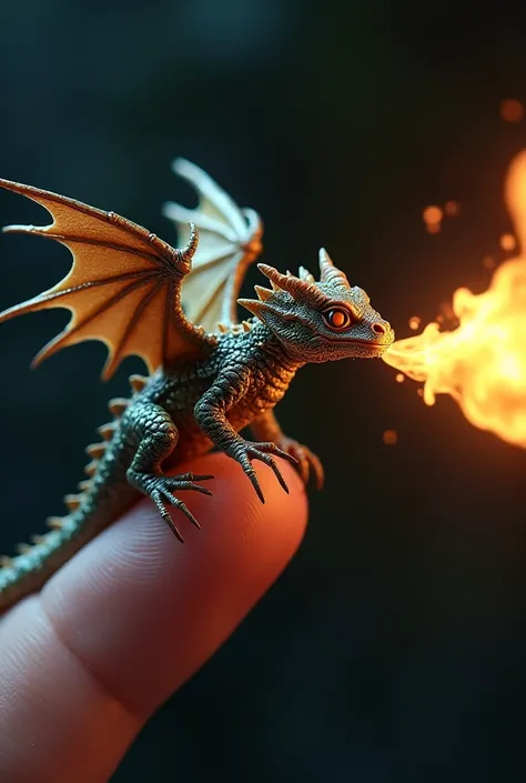 Miniature 1dragon perched on fingertips, ultra-realistic 3D renderings, spitting flames, bright iridescent scales and wings, detailed textures, lizard-like features, dark backgrounds, dramatic lighting, fantasy creatures, macro shooting style