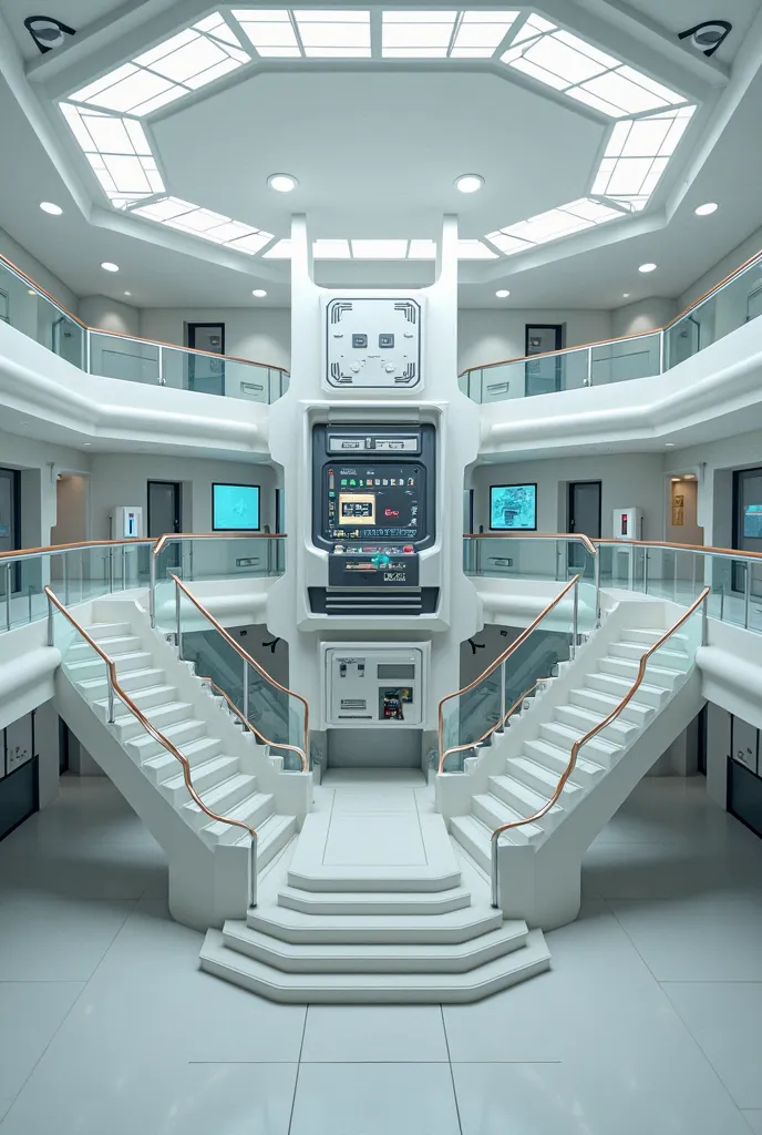 The image shows a futuristic laboratory with an octagonal design, with an elevated central structure accessed by two stairs. This structure appears to be a workstation or control module, equipped with various displays and control panels. Around the central...