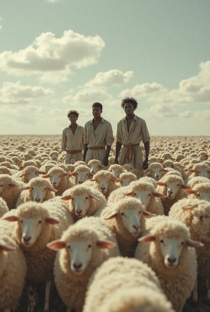 Black people at the head of sheep and sheep surrounded by a very large flock of sheep and sheep