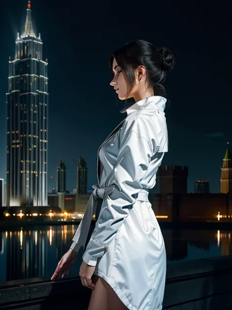 woman standing on roof of a high-rise building against backdrop of the Moscow night skyline with a tablet in her hands. She is wearing a black dress and a white jacket draped over her shoulders. Illuminated buildings and a pond with reflected lights are de...