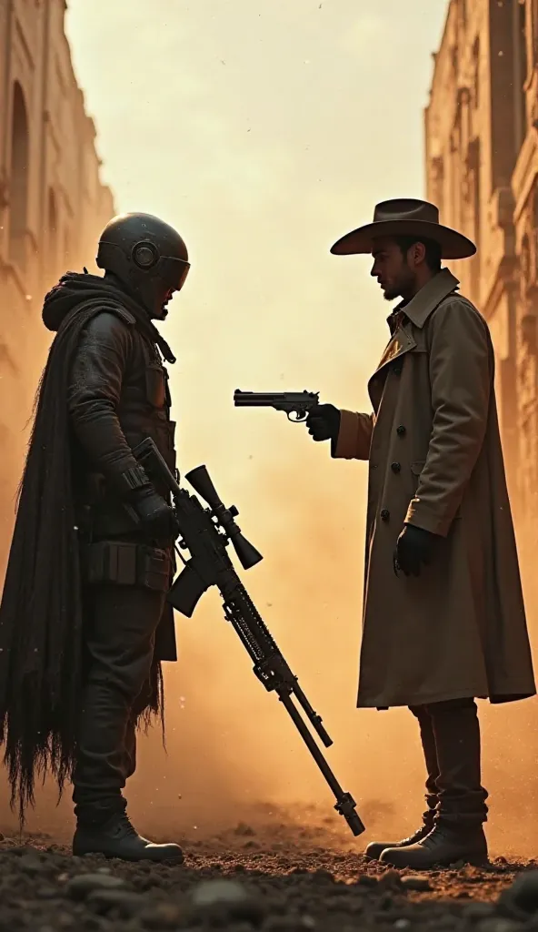 A tense face-off between the Sniper King Warrior and the Gunman Warrior, each measuring the other with steely determination. The Sniper King, clad in a tactical cloak with a high-tech visor, grips a precision sniper rifle, its barrel glinting in the dim li...