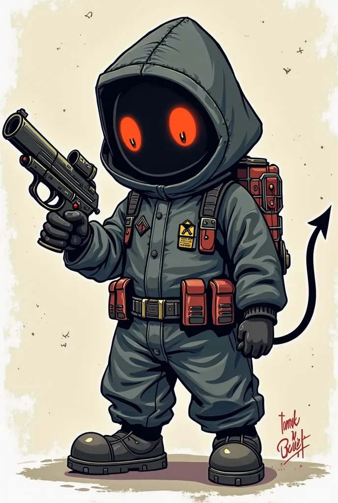 a black hazmat character with an eoka pistol with devil eyes but image should be a funny cartoon like snoopy