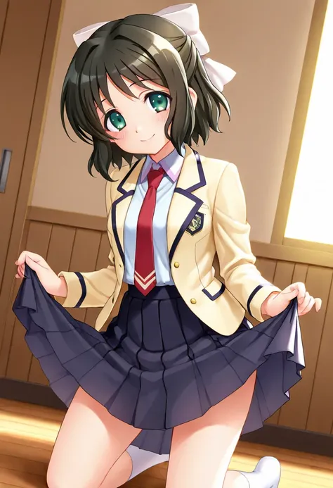 kohinata miku, 1girl, solo, looking at viewer, blush, smile, short hair, shirt, brown hair, green eyes, jacket, school uniform, hair ribbon, hair bow, pleated skirt, indoors, clothes lift, dutch angle, kneeling, skirt lift, red necktie, lifted by self