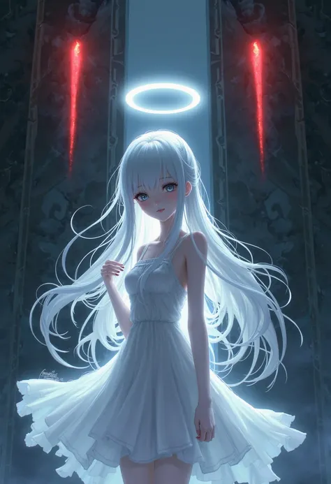 1 anime girl,long white hair, black eyes,white dress, ghost style,white halo (two giant doors in the black background with red lights)