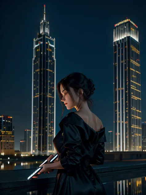 woman standing on roof of a high-rise building against backdrop of the Moscow night skyline with a tablet in her hands. She is wearing a black dress and a white jacket draped over her shoulders. Illuminated buildings and a pond with reflected lights are de...