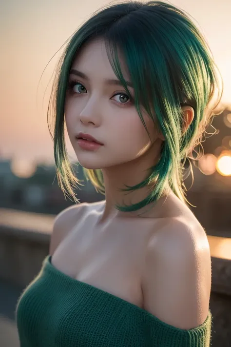  best quality , Masterpiece,  super high resolution, ( realism: 1.4),   Original Pictures ,  1 girl,  green eyes,  off shoulder,  Cinematic Lighting,   blue hair , At sunset