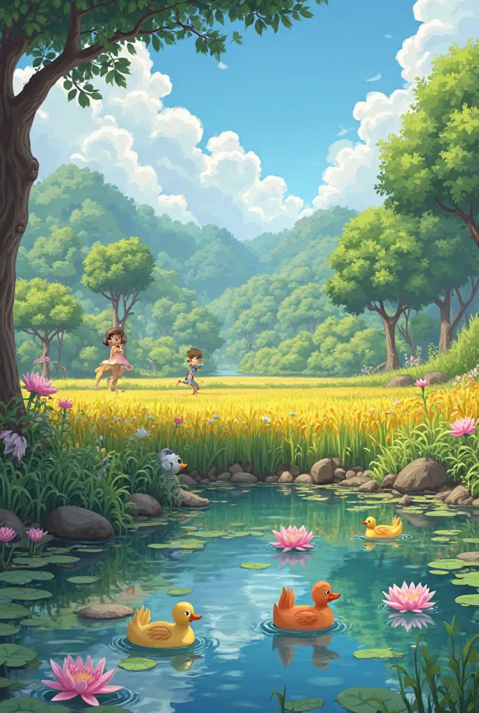 I will create cartoon characters that look like people.A beautiful village with a field full of rice trees, Many ren are jumping in the pond and some ducks are swimming in it. The dog's water lilies are blooming and the rest are calling on the trees.