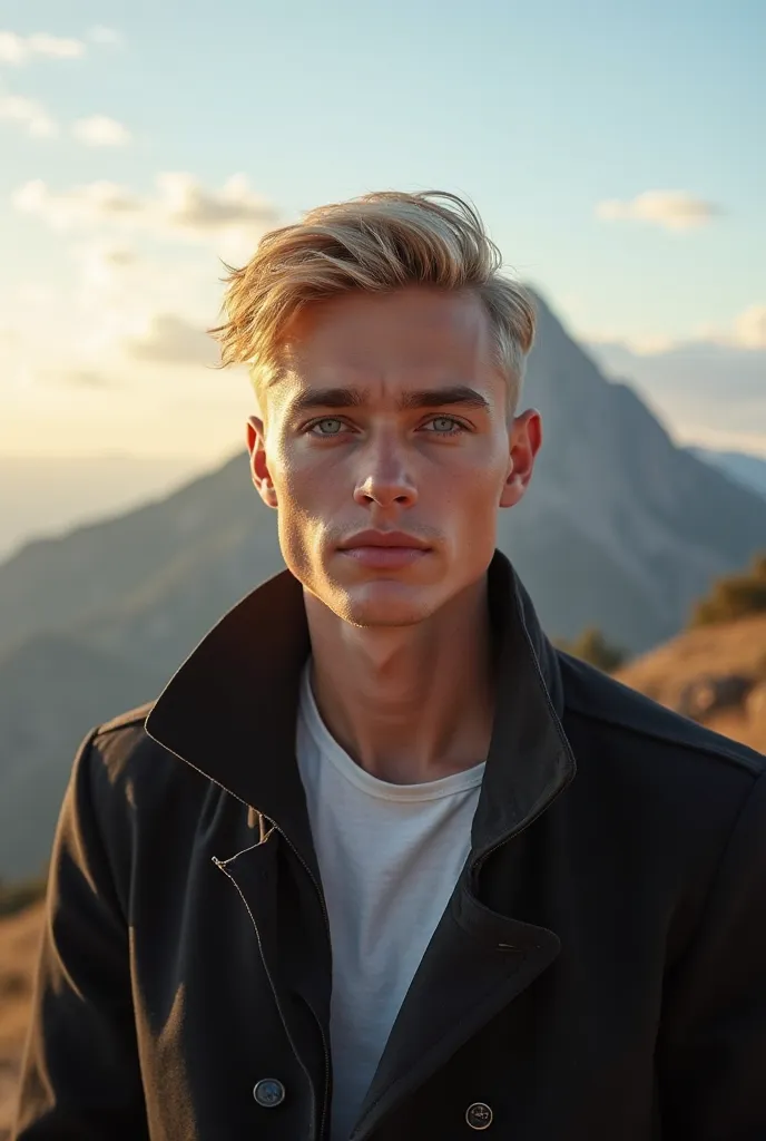 Create a professional 4K photo of a 20-year-old male model, blond with light eyes, with a modern and sophisticated look. He must have platinum blonde hair, smooth and well-groomed,  with a modern cut ,  and intense blue eyes ,  years old .  The face must b...