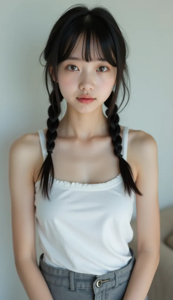 portrait photo,masterpiece, nsfw,8k,(13yo Japanese Girl, 152 Height cm,Pale pale skin,immature body, flat chest, Wide pelvis, Small Ass,  thick curvy thighs ),standing, ((hands under chest)),sunny,professional lighting,(),black color Straight twin braids H...