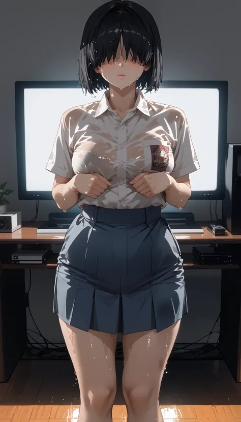 score_9, score_8_up, score_7_up, source_anime, Kaori sakaki,1 girl,alone,black hair, short hair,wide hips,hair covering eyes, Indonesia high school uniform,big breast, perfect body, Television, through the screen, wide legs,hips up, photo art, high detail,...