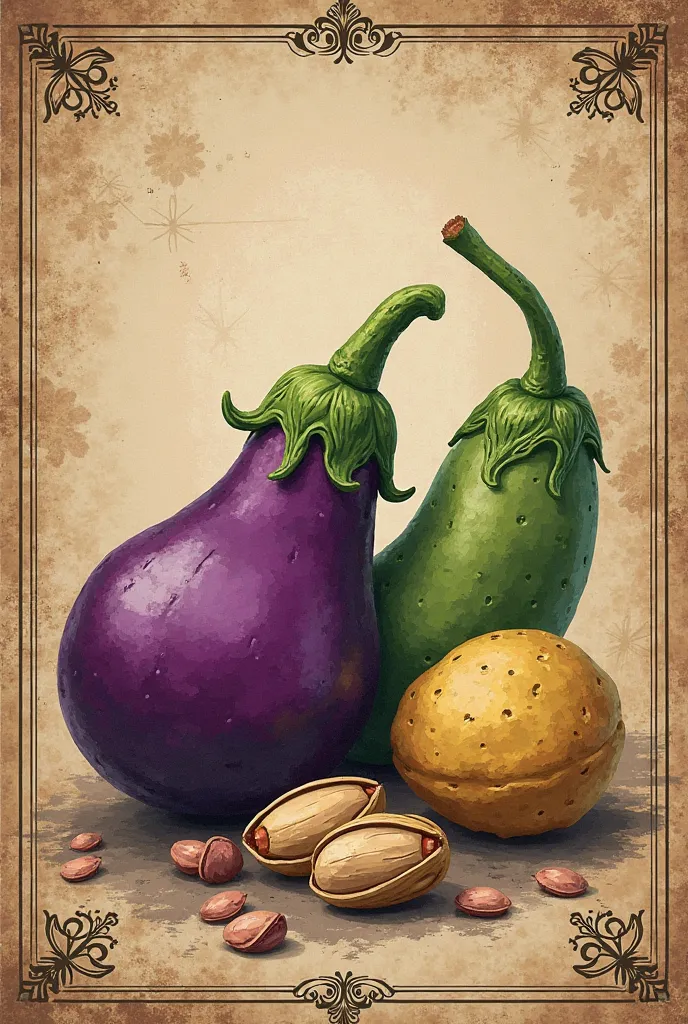 A background inspired by old illustrations, surface with patterns ornamentals and elements of maps or historical documents, using sepia tones and textures that mimic aged paper.
foreground: Three prominent elements:
 eggplant : Drawn in a vibrant purple to...