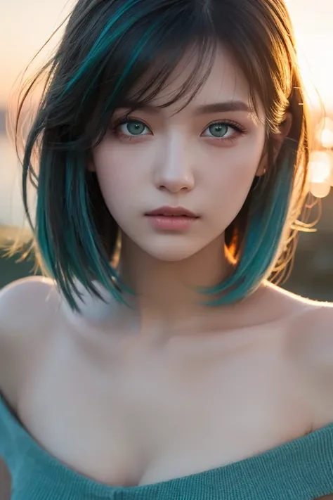  best quality , Masterpiece,  super high resolution, ( realism: 1.4),   Original Pictures ,  1 girl,  green eyes,  off shoulder,  Cinematic Lighting,   blue hair , At sunset