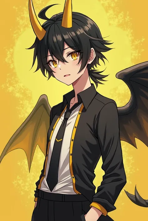 Male anime tender,medium skin tone,black hair with short ponytail with yellow horns,face yellow eyes winged a yellow pepelito with a drawing of :3,winged black shirt yellow tones down elegant white shirt with black tie and black pants 