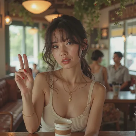 realisticな,( masterpiece, high quality:1.2) ,realistic, Perfect Woman、raw photos of Kao all, wide shot, (   hand sign ), A verbal invitation,   she keeps her mouth open , (Last Minute Life ),  drinking coffee 、I&#39; cafe、 tank top