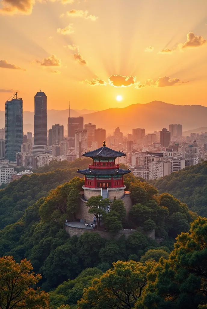 "An awe-inspiring view of Seoul at sunset, with the modern skyline featuring skyscrapers and the Namsan Tower, framed by lush mountains. In the background, the traditional Gyeongbokgung Palace stands with its vibrant colors and ancient architecture. The sk...