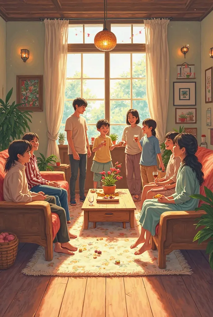 I want to have a party with my family and friends々Make an illustration-style image of a house with such a space。It's like having a party in the living room。Feels like Studio Ghibli