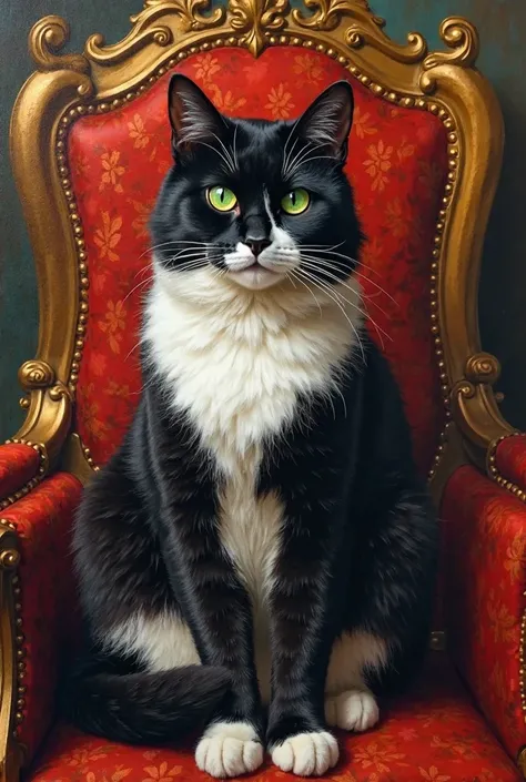 "A black and white tuxedo cat with piercing green eyes, sitting on a throne in a grand castle, surrounded by a regal and commanding atmosphere, painted in the style of classical European portraiture using rich, velvety oil paints."