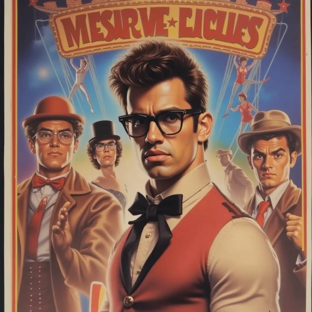 The image is a vibrant and colorful poster for a production or event titled "Molina Circus." The artwork depicts four men, each dressed in distinct, stylish outfits that have a retro, circus-themed flair. 

The central figure is a skinny man wearing glasse...