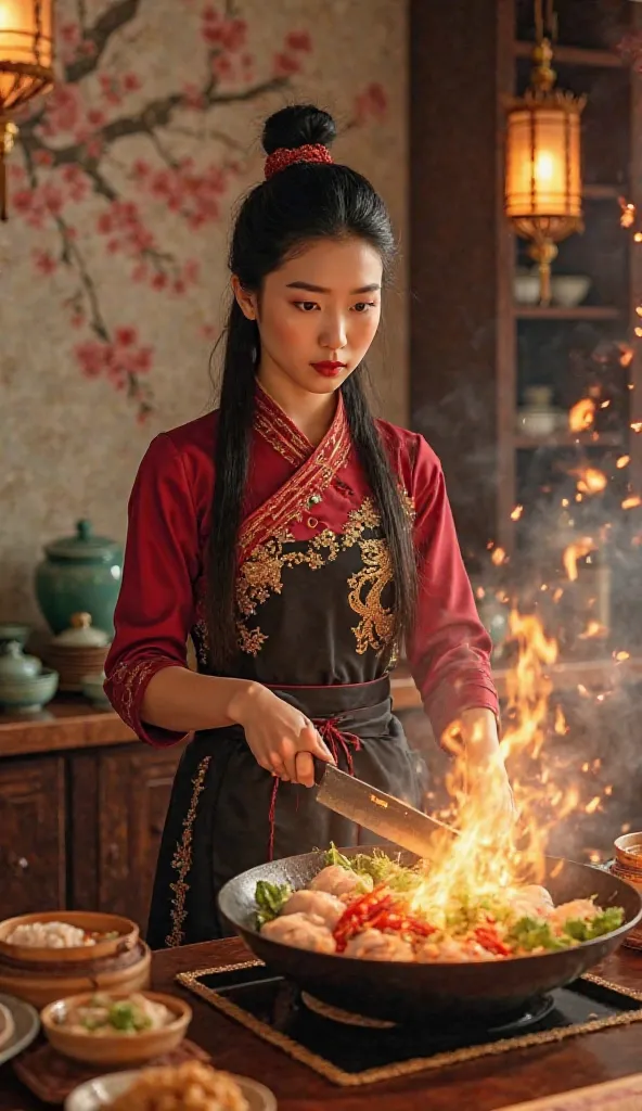 A hyper-realistic, ultra-detailed, 4K cinematic portrait of Mulan reimagined as a master chef, blending her warrior spirit with culinary artistry. She stands confidently in the heart of a luxurious, high-end kitchen, surrounded by the warm glow of golden l...