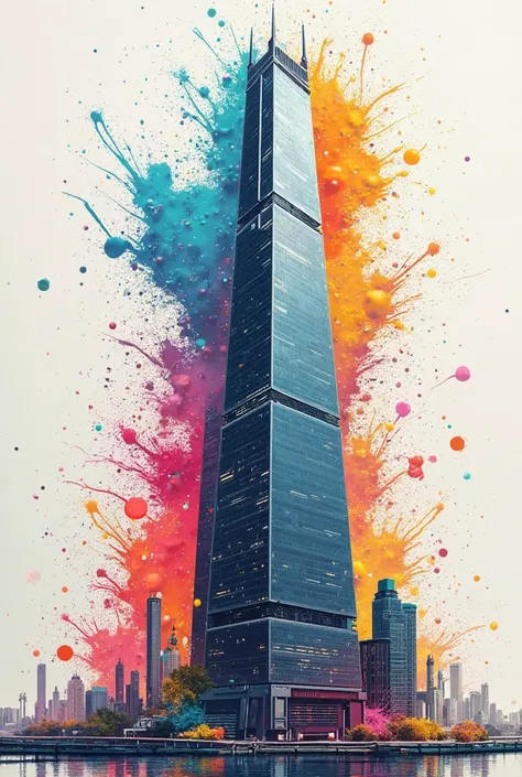 high-rise building in front, behind are droplets of multicolored paint splashing