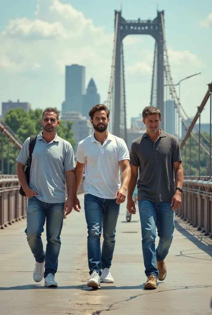 Men wearing baggy jeans and polo tshirt walking on bridge