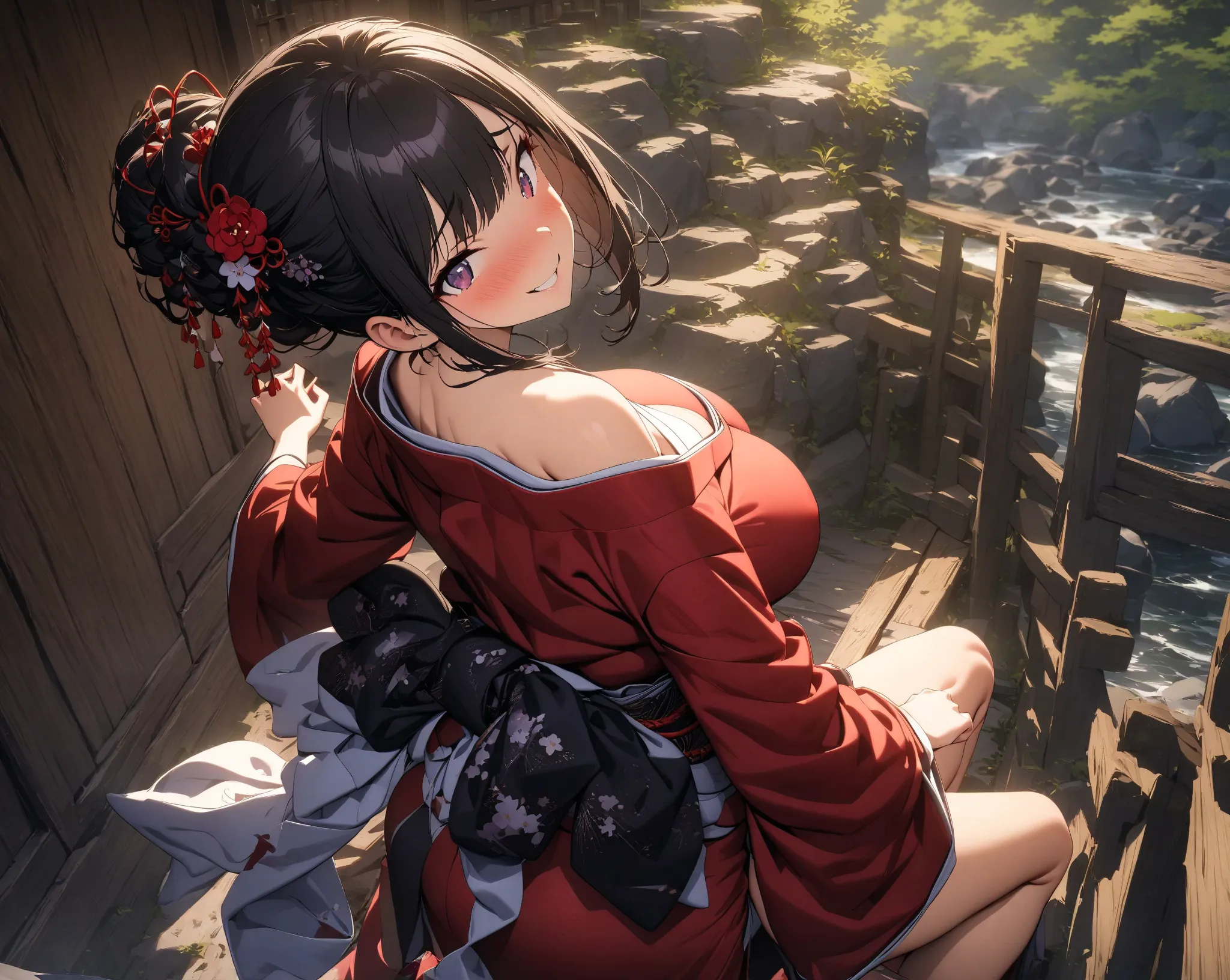  masterpiece,  top quality ,  Highest quality,   Official Art , Beautifully Artistic:1.2), 1 girl, alone,  Japanese Clothes, red/ black kimono, hair accessories, unvaginaing,   black hair, vagina,  Shoulderless, free shoulder,  look back,   from before , c...