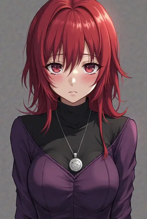 
Anime is a  with red hair, a purple dress, her clothes are black. She cries and her silver necklace holds a round shape