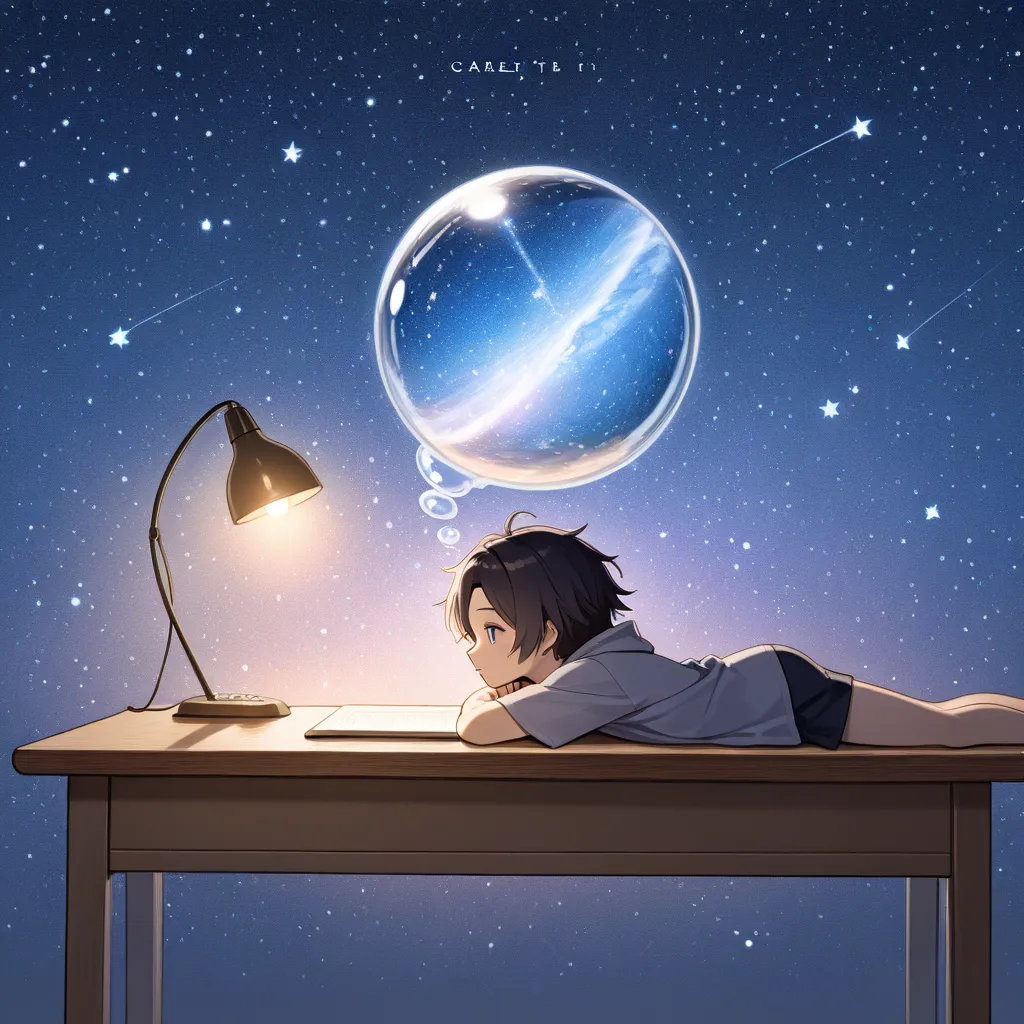 A young man,  male,  resting, Study table, Lying on the table,  at night, desk lamp light, Dream bubble, (Starry Background, galaxy), Great imagination, (Icons, (mythology, fancy, games)), for profile picture, wallpaper 