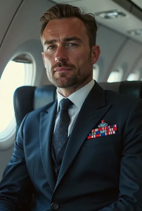 Create a photo Chris Evans as a NATO engineer and Commanding Royal Air Force Officer aboard an international plane who has been hijacked and passengers are being threatened with assault but Chris is calculating and observing to form a plan of saving everyo...