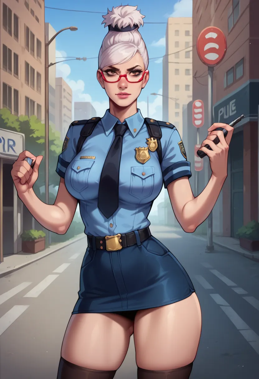 catalyst_Seiko short white hair red glasses on the face , thick thighs, big breasts, police uniform , Standing ,  City Street 