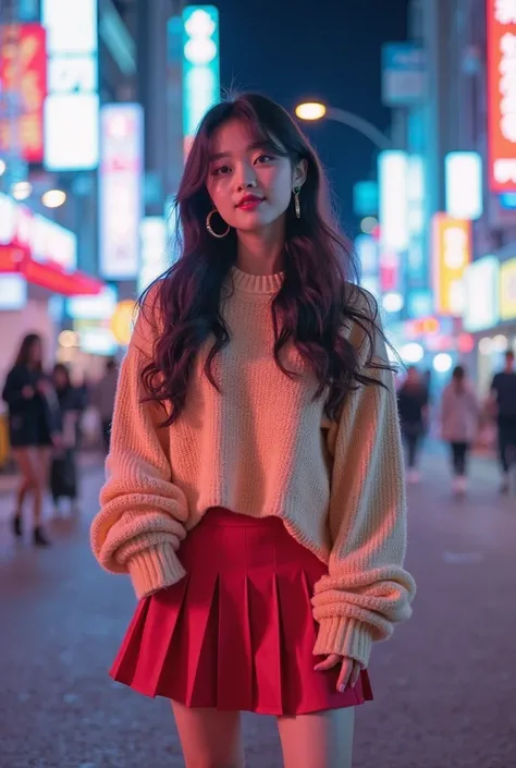 "A stylish Korean girl in a trendy oversized sweater and pleated skirt, standing on a neon-lit street in Seoul. She has a cute smile, long wavy hair, and a confident pose. The background is filled with K-pop vibes, bright city lights, and a futuristic ener...