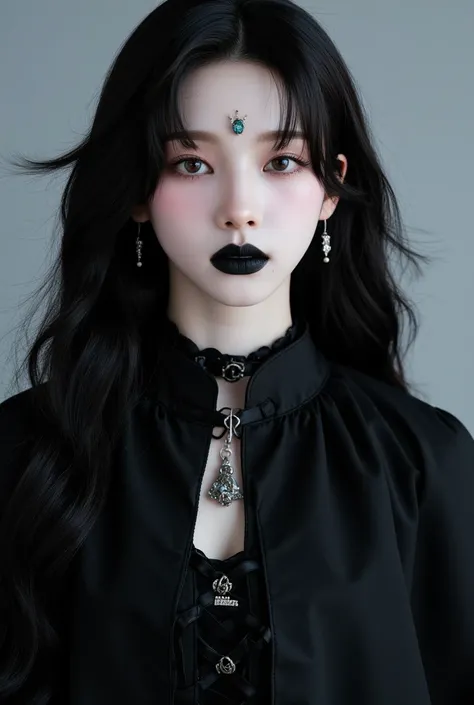 (Best Quality, 8k, Masterpiece, UHD), (Photo of Attractive Korean Gothic model Woman), solo 1Girl as Raven, ((gemstone on forehead)), heavy makeup , cape, choker,very pale skin,Ultra Detailed Face, Detailed Lips, Fine Eyes, black lipstick, Fine Eyes
