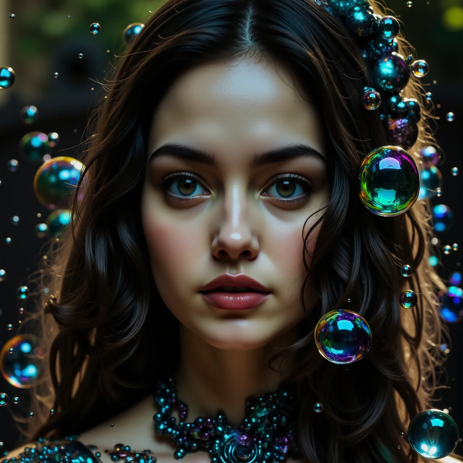 A close up portrait of a woman with a sphere that dropped onto a surface and throwing droplets and bubbles of bright neon colors that are glowing and are reflective glossy florescence. Ultra realistic, ultra detailed, best quality 