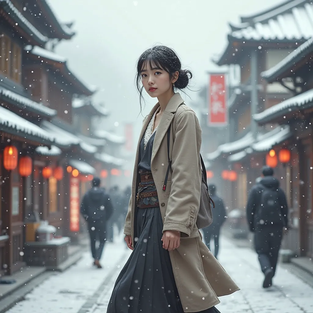 This woman is walking through the Japanese city in winter。Her outfit is for a woman in her 20s with a bit of sex appeal。Try not to change her face。