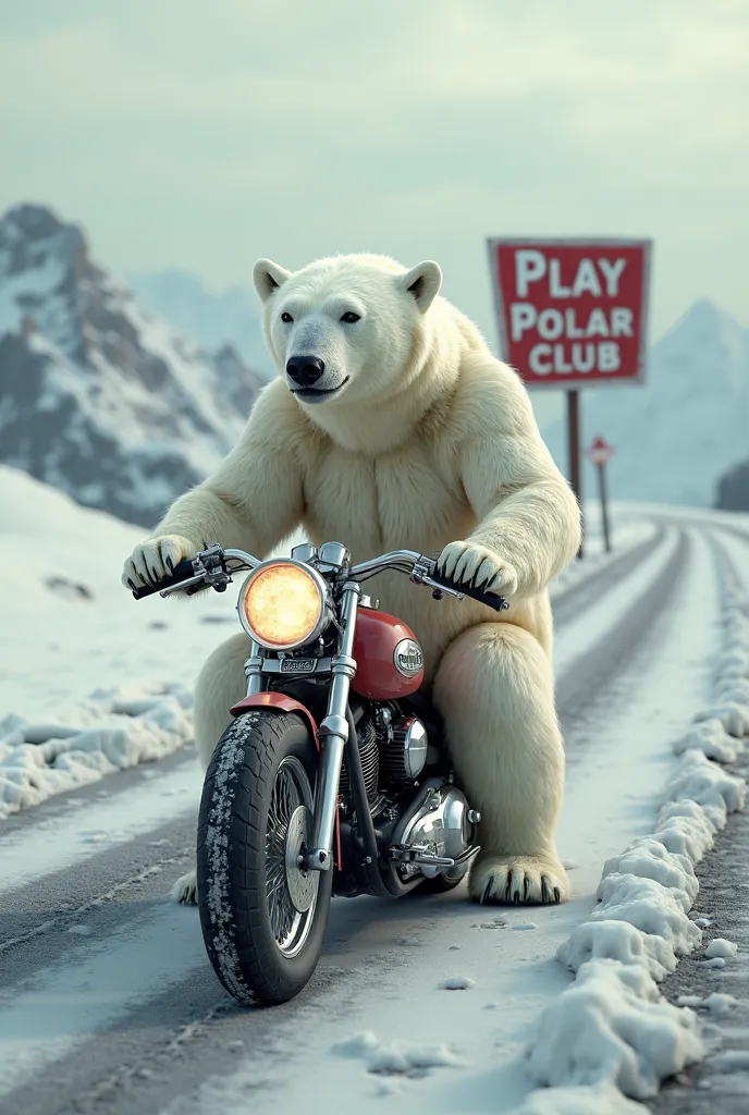 Polar bear on the road with a motorbike and play Polar Bear Club