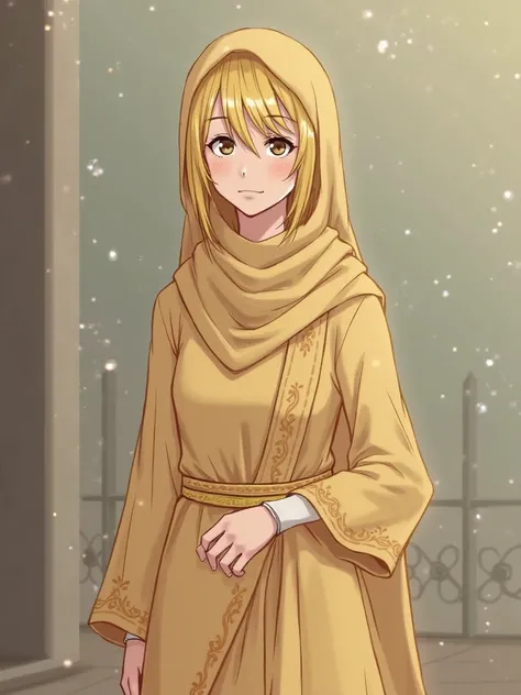 Lucy Heartfilia (dari anime Fairy Tail) wearing Muslim clothing with hijab and niqab/yellowish-cream veil 